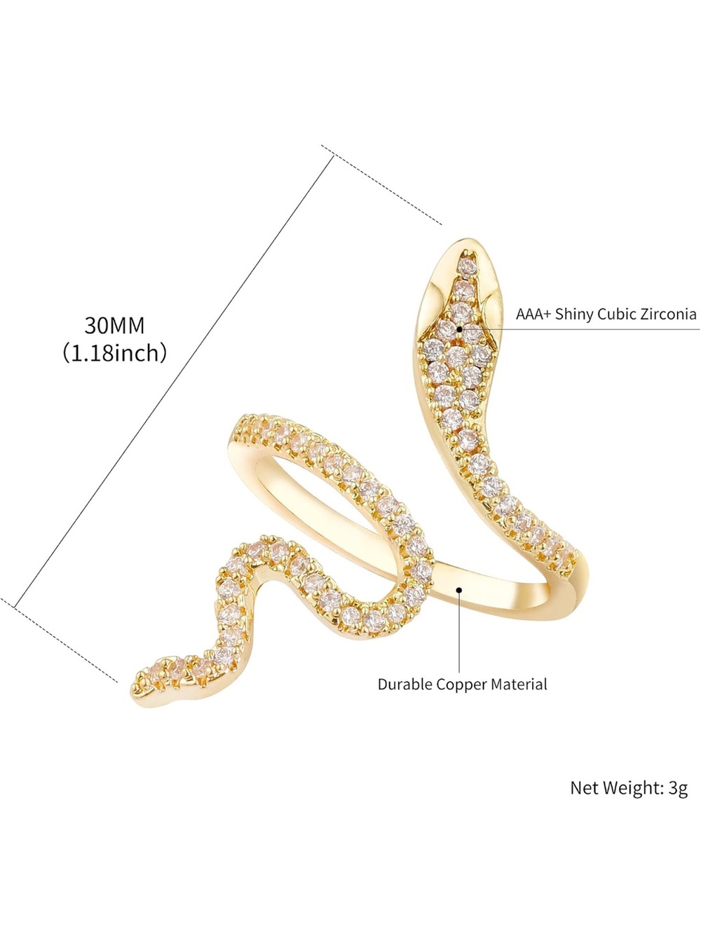 Gold Crystal Snake Wrap Ring Adjustable Serpent Statement Ring Fifi’s Closet - Picture 3 of 5